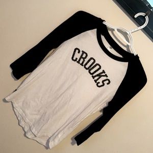 Women’s Crooks and Castles Baseball quarter sleeve top. Black and white.